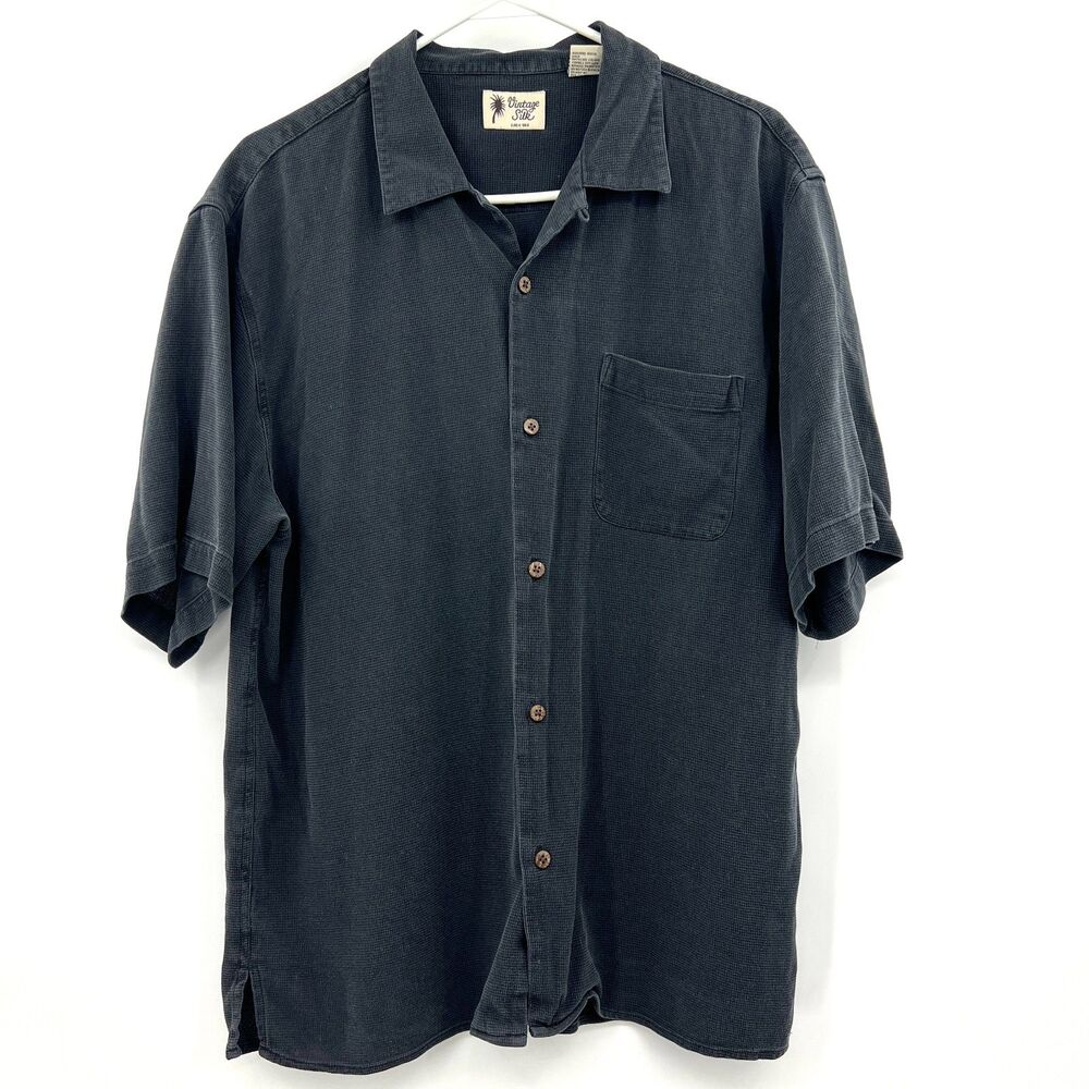 Vintage Silk Mens XL 100% Silk Camp Shirt Charcoal Gray Short Sleeve Button Up